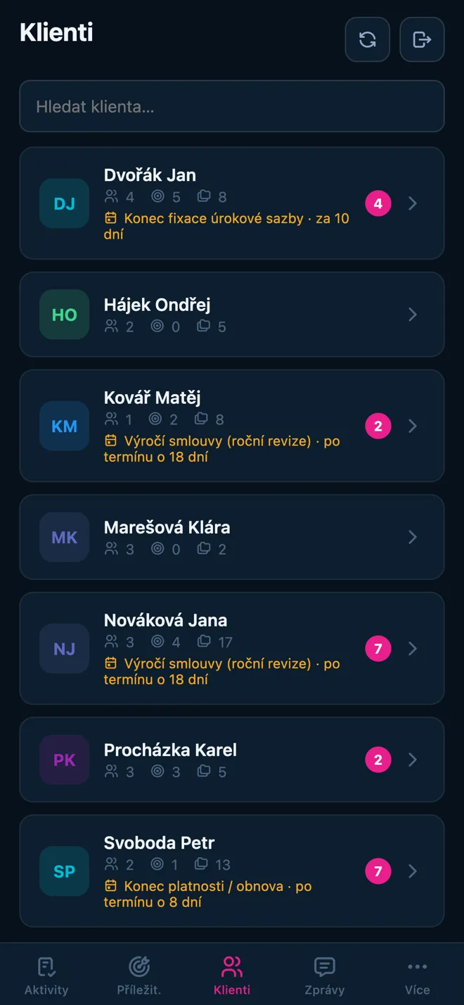 Mobilní aplikace pro poradce — kniha klientů s nejbližšími termíny